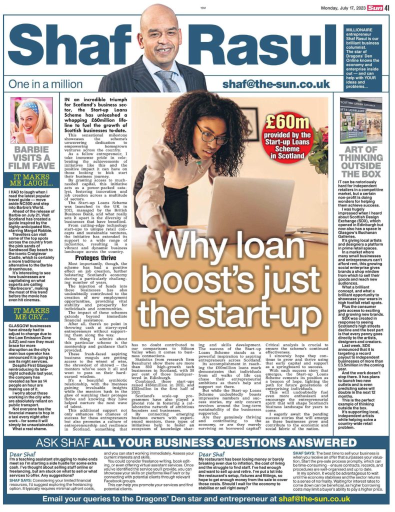 A full-page column celebrating the £60m Start-up Loans Scheme success, with sidebars on Scottish Design Exchange’s retail impact and Barbie-inspired travel guides.