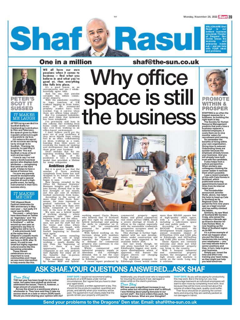 Full-page layout of Shaf Rasul’s column, featuring reflections on office space demand, staff promotion success stories, Peter Capaldi’s BAFTA humour, and the winding down of the Ullapool Book Festival.