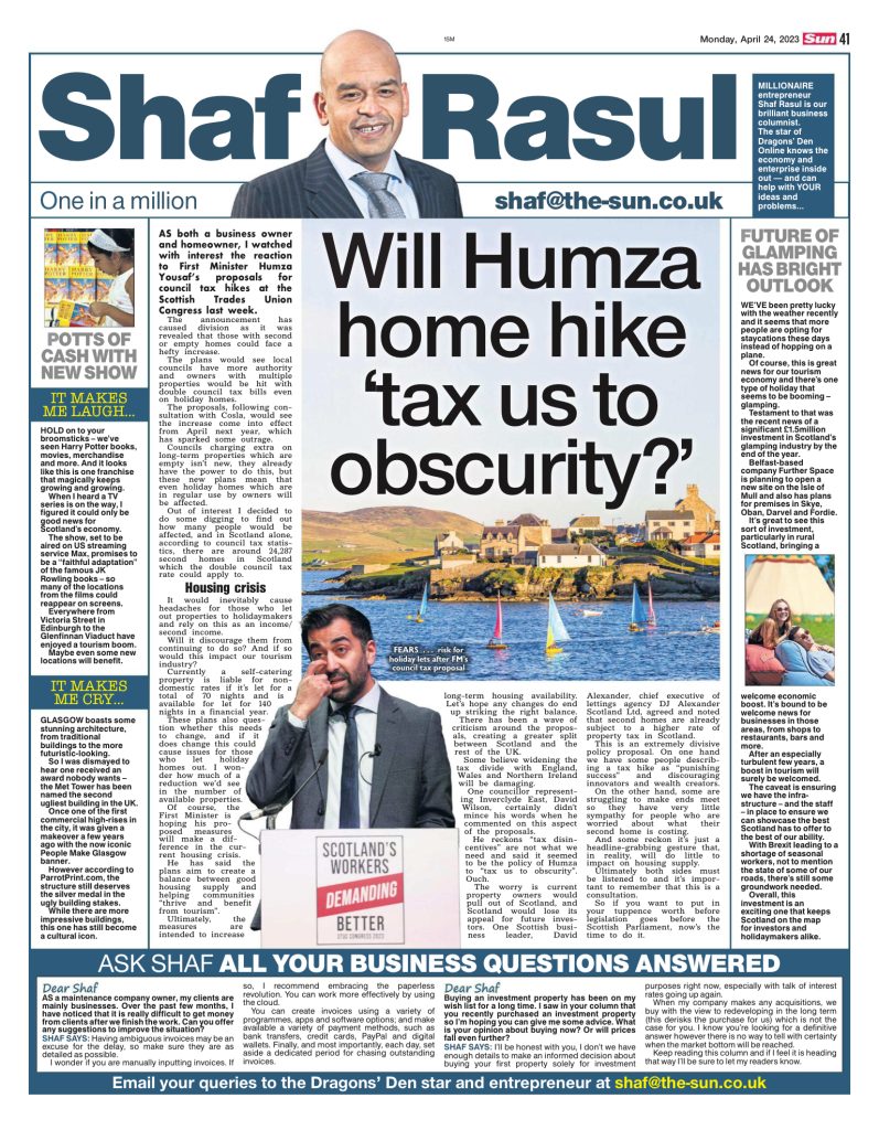 Newspaper column discussing Scotland’s proposed council tax hikes, glamping investment, Harry Potter TV tourism boost, and a controversial “ugly” building in Glasgow.