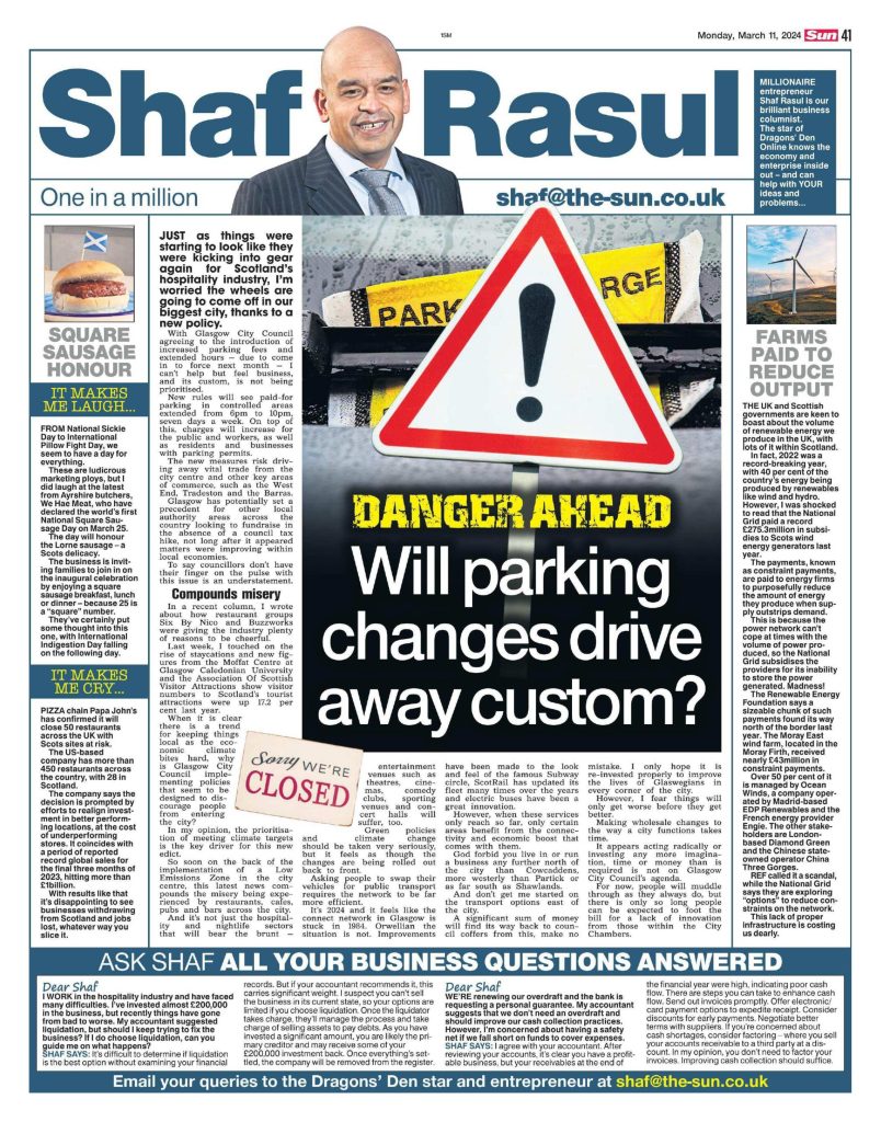 Column layout with central editorial about Glasgow parking changes, a sidebar on wind energy constraint payments, a humorous segment about square sausage day, and concern over Papa John’s UK closures.