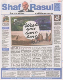 A full-page newspaper column layout featuring the headline “Wish you were here,” articles about staycations, Scottish exam results, Abbey Road’s anniversary, and a giant fish supper challenge.