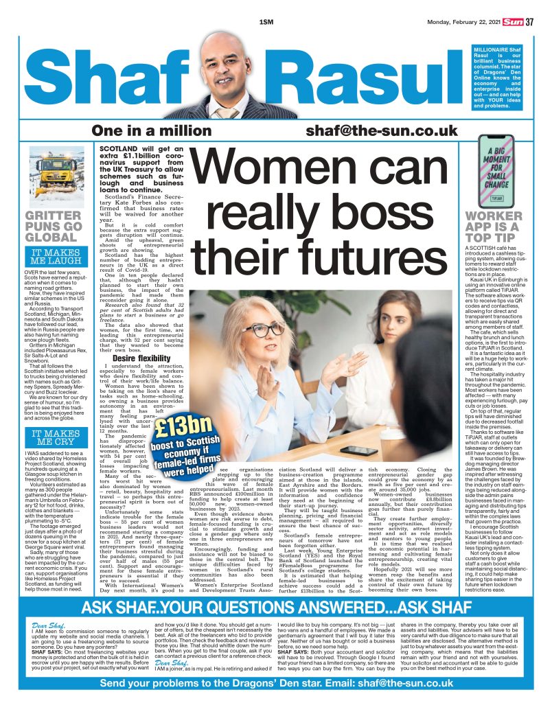 Full-page newspaper layout with main article about female entrepreneurship, a sidebar on digital tipping, and two short sections titled “It Made Me Laugh” and “It Made Me Weep”