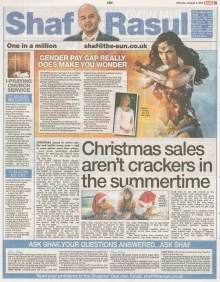 A newspaper page featuring Shaf Rasul’s column discussing retail trends, the gender pay gap, contactless donations, and relationship struggles in the housing market.