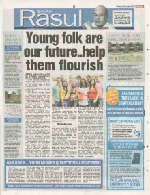 A newspaper scan featuring Shaf Rasul’s column titled “Young Folk Are Our Future... Help Them Flourish” with sections on entrepreneurship, education, and business competitions.