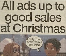 Festive TV screen showing classic Christmas ads, including a cartoon goat, family dinner, and charity heart merchandise, surrounded by wrapped gifts and twinkling lights. Headline text reads “All ads up to good sales at Christmas.”