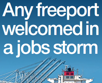 Shaf Rasul with headline “Any Freeport Welcomed in a Jobs Storm” set over a graphic showing industrial cranes, cargo containers, and a Scottish flag, representing trade and economic development.