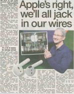 A generated image featuring Apple’s iPhone 7 alongside wireless AirPods, with a crossed-out headphone jack symbol and the headline “Apple’s Right: We’ll All Jack in Our Wires” embossed over the graphics.