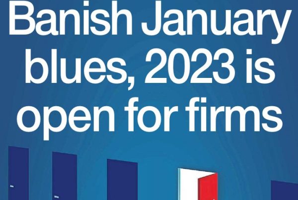 Banner showing a business street in winter gloom with the headline “Banish January blues, 2023 is open for firms” overlaid, symbolising business resilience in challenging conditions.
