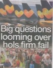 A headline reading "Big questions looming over hols firm fail" overlaid on an image of a grounded Thomas Cook aircraft with a deserted check-in area, capturing the chaos and sadness of the collapse.