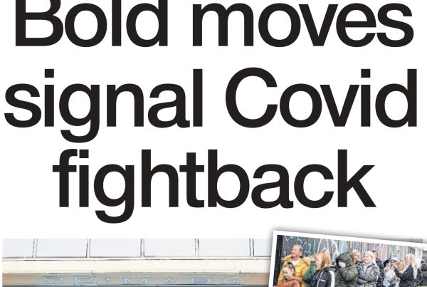 Shaf Rasul with high street imagery, Primark queues, and the headline “Bold Moves Against Covid Fightback” overlaying scenes of retail recovery