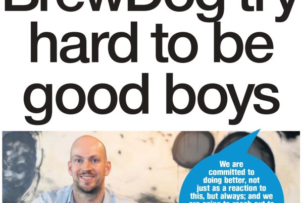 BrewDog logo overlaid with newspaper clippings, an apology letter, and a blurred crowd scene to represent public scrutiny and reputational risk.