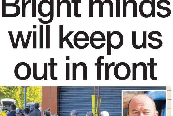 Shaf Rasul in front of a collage featuring local Scottish shops, takeaway food bags, and digital delivery icons, with the headline “Bright Minds Will Keep Us Out in Front” displayed prominently