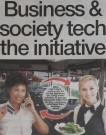 A digital banner featuring the headline “Business and society tech the initiative” with an image showing a person working from home on a laptop, surrounded by digital technology symbols like cloud, app, and connectivity icons.