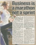 A banner image featuring the headline “Business is a Marathon Not a Sprint” overlaid on a background of runners on a track, gym equipment, and a young entrepreneur planning a business strategy.
