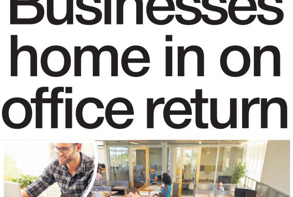 Shaf Rasul in front of a city skyline with office buildings, overlaid with the headline “Businesses Home in on Office Return” and visual cues of remote working and social distancing.