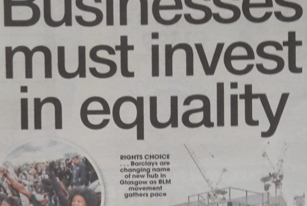 Shaf Rasul in front of bold text reading “Businesses Must Invest in Equality”, with visuals of protest signs, diversity in the workplace, and inclusion icons