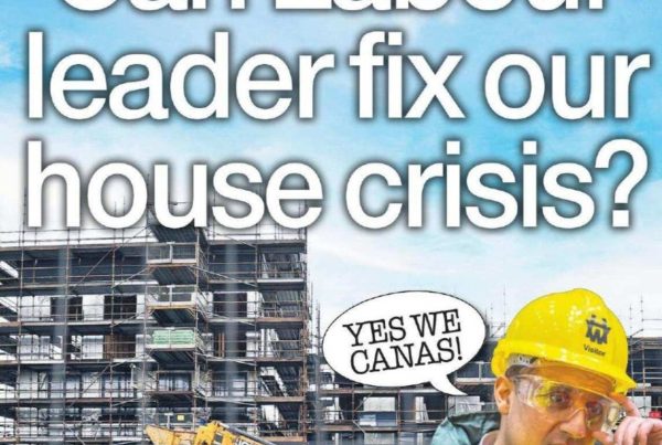 Headline “Can Labour leader fix our house crisis?” over an image of half-finished housing developments under cloudy skies, with silhouettes of construction workers and city buildings in the background.