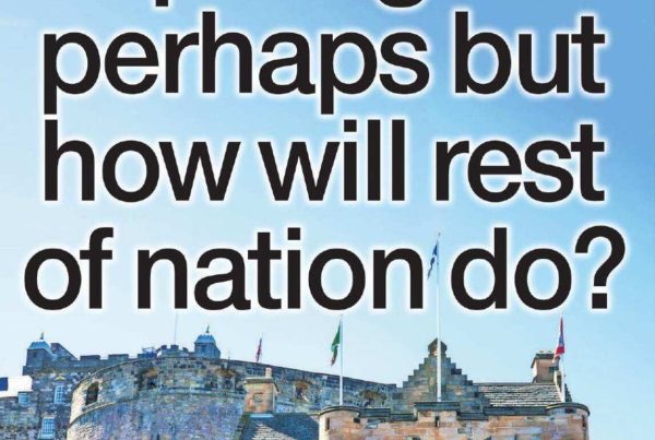 Headline “Capital gains perhaps but how will rest of nation do?” placed over a split image showing a bustling Edinburgh tourist scene on one side and a quiet rural guesthouse on the other.