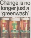 A headline reading "Change is no longer just a greenwash" overlaying an image of recyclable packaging, reusable bags, and eco-friendly logos, reflecting the sustainability shift in business practices.