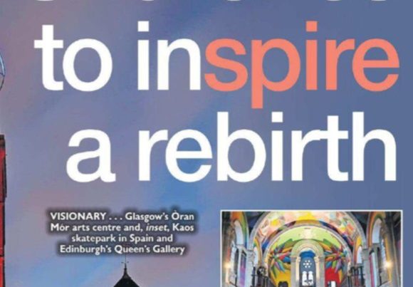 A grand Scottish church building with gothic architecture, subtly blended with modern business signage and community use features, overlaid by headline text: “Churches to inspire a rebirth”
