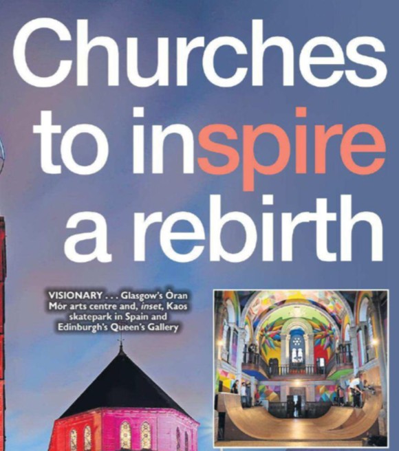 A grand Scottish church building with gothic architecture, subtly blended with modern business signage and community use features, overlaid by headline text: “Churches to inspire a rebirth”