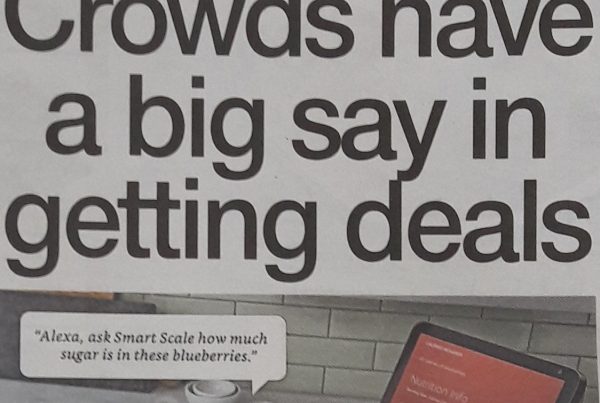 A stylised illustration of multiple hands raising money or pledging support online, with the headline “Crowds have a big say in getting deals” overlaying the image