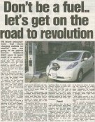 A generated image with the headline “Don’t Be a Fuel… Let’s Get on the Road to Revolution” embossed over visuals of electric cars, charging stations, and a petrol pump fading out.