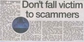 A headline reading "Don’t Fall Victim To Property Investment Scammers" over an image of a shady-looking property investment brochure, complete with bold fonts and fake promises.