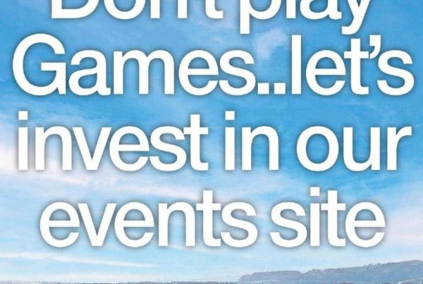 Banner image featuring the bold headline “Don't play Games... let's invest in our events site” over an aerial shot of Glasgow’s Scottish Event Campus with icons representing global events and construction plans.