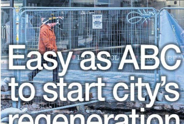 Image showing Glasgow’s Sauchiehall Street with the derelict ABC venue boarded up, contrasted with an artist’s rendering of a redeveloped food hall and student flats. Bold headline text: “Easy as ABC to start city's regeneration”.