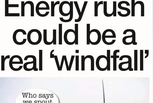 Illustration of offshore wind turbines spinning on a stormy Scottish coast, with £ symbols floating in the sky and industrial ships in the background.