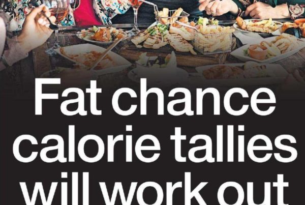 A banner image featuring the bold headline “Fat chance calorie tallies will work out” with a backdrop of a restaurant menu and a fork poised over a rich dessert. Visual emphasis on menu items and calorie numbers.
