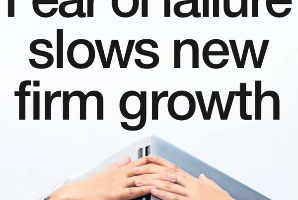 Banner showing the headline “Fear of failure slows new firm growth” over a blurred backdrop of a closed shopfront and hopeful entrepreneurs.
