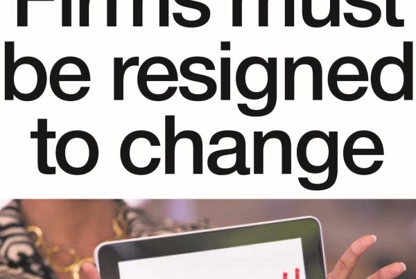 A mix of office desks, a ‘Now Hiring’ sign, and a work-from-home setup with a laptop; headline reads “Firms Must Be Resigned to Change”.
