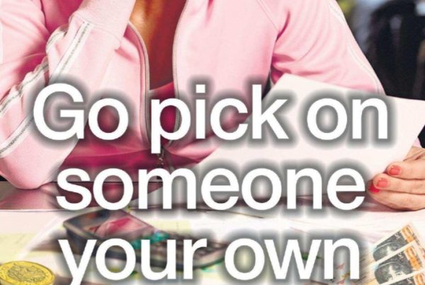 A digital collage of online marketplace icons like Etsy, Vinted, and eBay with a looming HMRC envelope and “Tax Notice” stamp; headline text: “Go pick on someone your own excise”