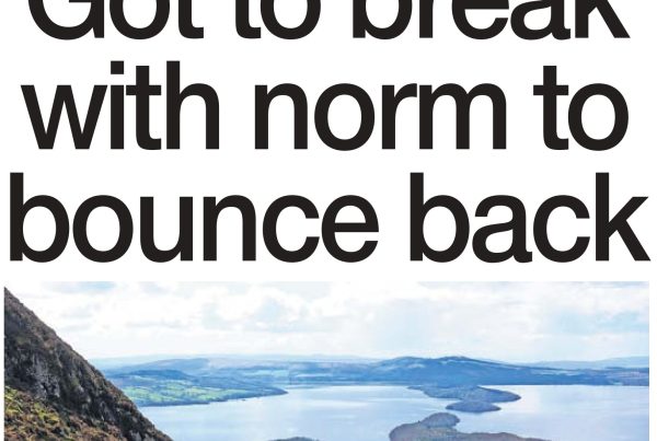 A patchwork of a scenic Scottish campsite, a luxury hotel breakfast tray, and a "Now Hiring – Game Tester" poster, symbolising Scotland’s bounce back through tourism and tech.
