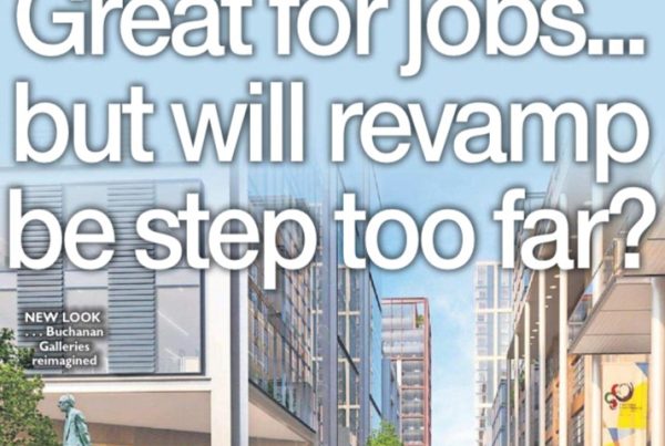 Visual of Buchanan Street with retail storefronts and the Royal Concert Hall steps, overlaid with the headline “Great for jobs... but will revamp be step too far?”