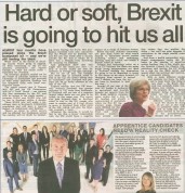 A generated image featuring the Union Jack, a Scottish flag, and a signpost pointing in two directions labeled “Hard Brexit” and “Soft Brexit” with the headline “Hard or Soft, Brexit is Going to Hit Us All in Scotland” embossed over the graphics.
