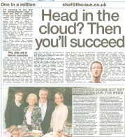 A generated image featuring a home office setup surrounded by cloud icons, representing cloud computing and home-based businesses, with the headline “Head in the Cloud? Then You’ll Succeed” embossed over the graphics.