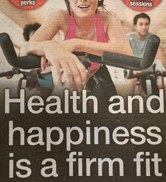 Office workers stretching in a corporate wellness class with smiling faces, alongside text reading “Health and Happiness is a Firm Fit”.