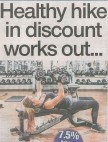 A headline reading "Healthy hike in discount works out" with an image of gym-goers working out on treadmills and weights, highlighting the surge in fitness industry investment.