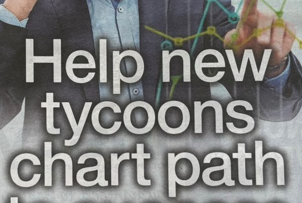 Headline “Help new tycoons chart path to success” over a background of a startup-themed collage – entrepreneurs sketching plans, small business storefronts, and a rising arrow symbolising growth.