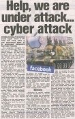 A generated image with the headline “Help, We Are Under Attack… Cyber Attack” embossed over visuals of digital code, padlocks, and corporate logos like Apple and Facebook.