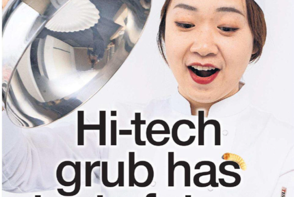 Image featuring food innovation graphics, with the headline “Hi-tech Grub Has Tasty Future” overlayed, and visuals of both futuristic plant-based meals and traditional Scottish dishes.