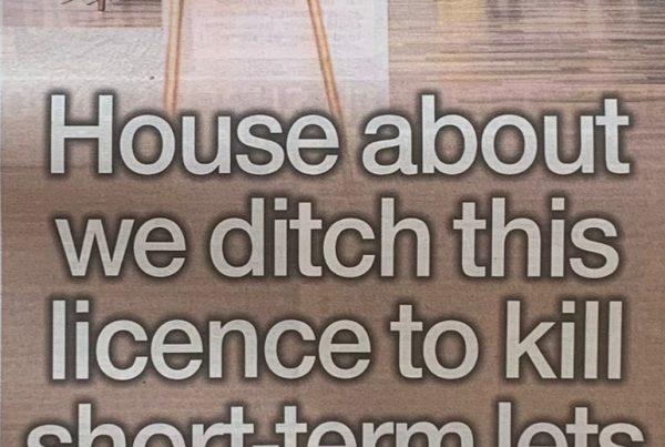 Headline graphic featuring a red “For Rent” sign crossed out next to a stylised Airbnb-style flat, paired with text reading “House About We Ditch This Licence to Kill Short-Term Lets”.