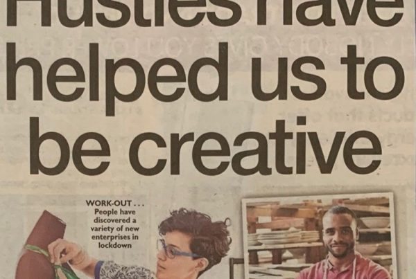 A creative collage showing home-based side hustle activities like candle-making, home cooking, and jewellery crafting, with the headline “Hustles have helped us to be creative” in bold typeface.