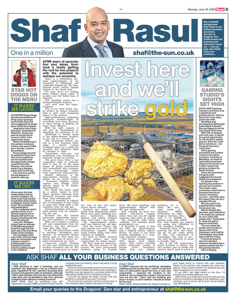 Scottish Sun column headlined “Invest here and we’ll strike gold” with feature on infrastructure investment and carbon capture