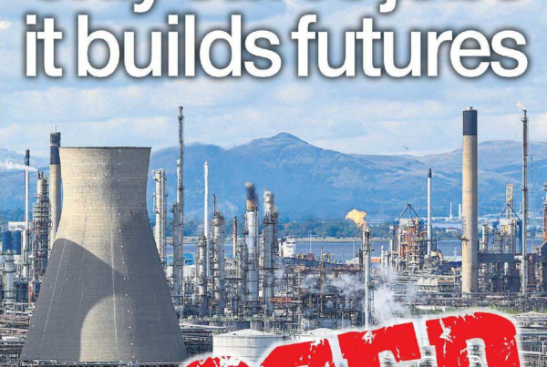 Industrial plant with cooling towers and chimneys under a blue sky, overlaid with a large red “CLOSED” stamp and the headline “Investment not only saves jobs it builds future