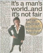 A generated image with the headline “It’s a Man’s World and It’s Not Fair” embossed over visuals of paychecks, office desks, and a silhouette of a woman overshadowed by a male figure.