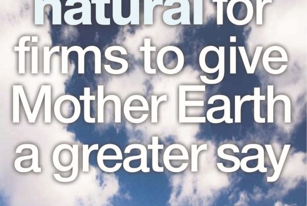 Banner showing the headline “It’s becoming natural for firms to give Mother Earth a greater say” over a soft-focus image of green leaves and a business boardroom silhouette.